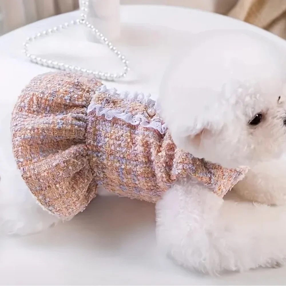 Chic Elegant Classy Tweed Terry Cloth Pearl Pink Peach Purple Dog Dress Coat XS